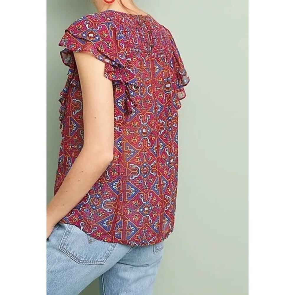Anthropologie Meadow Rue Red Print Majolica Flutter Sleeve Smocked Boho Top 6 - Picture 2 of 9